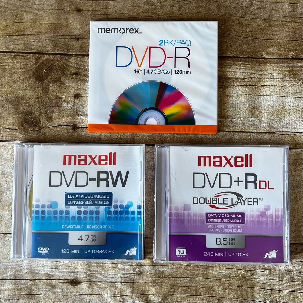 Memorex DVD-R 2pk Maxell DVD-RW and DVD+R‎ DL Double Layer Blank Media Bundle